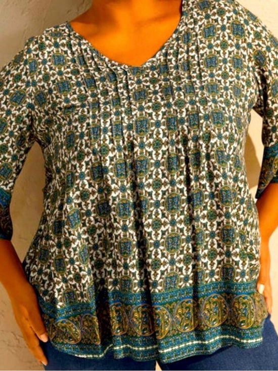 BloomChic Tops - BloomChic Boho Printed V-Neck Peasant Top in Teal & Olive 3X